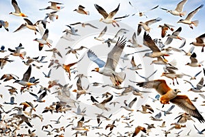 Many birds flying on sky isolated on white background photo