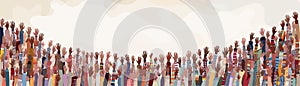 Many black skin African American men women children seniors group hand raised on colored background