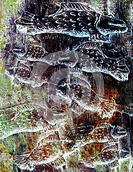 Many black and white fishes, drawing on abstract background