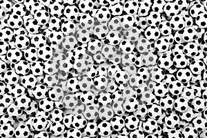 Many black and white soccer balls background. 3d illustration