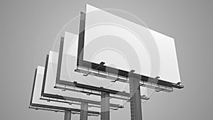 Many blank white billboards on gray background. 3D rendered illustration