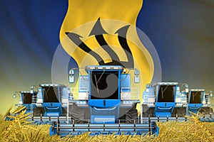 Many blue farming combine harvesters on rural field with Barbados flag background - front view, stop starving concept - industrial