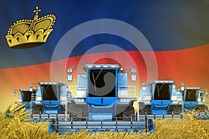 Many blue farming combine harvesters on rural field with Liechtenstein flag background - front view, stop starving concept -