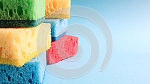 Many blue, red, yellow, green sponges are used to wash and wipe the dirt used by housewives in everyday life. They are made of