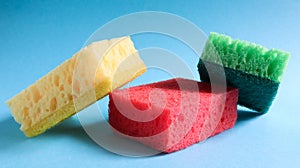 Many blue, red, yellow, green sponges are used to wash and wipe the dirt used by housewives in everyday life. They are made of