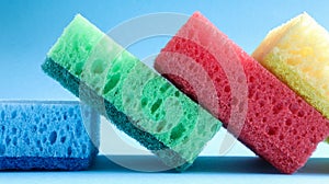 Many blue, red, yellow, green sponges are used to wash and wipe the dirt used by housewives in everyday life. They are made of