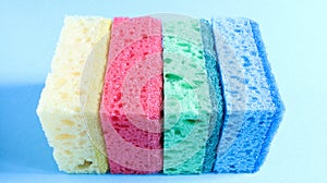 Many blue, red, yellow, green sponges are used to wash and wipe the dirt used by housewives in everyday life. They are made of