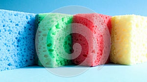 Many blue, red, yellow, green sponges are used to wash and wipe the dirt used by housewives in everyday life. They are made of