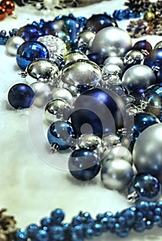 Many blue and silver christmas balls. Close up. Selective focus. Christmas decoration