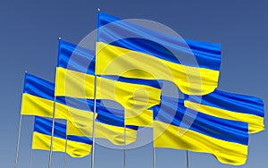 Many blue and yellow flags on flagpoles. Ukrainian flags on blue background. State symbols. Independent Ukraine. Sovereign Ukraine