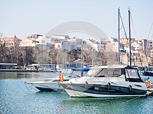 Many boats and yachts anchored at the Tomis Turistic Port or harbor in Constanta Romania photo