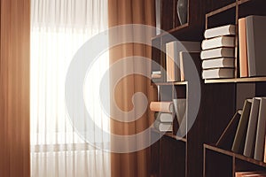 Many books on a bookshelf in the living room. Cozy interior of a lounge. 3D rendering illustration