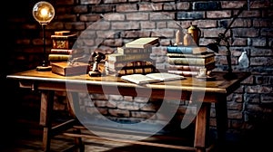 Many books on the table against the background of an old brick wall