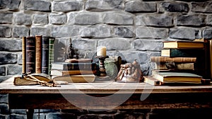 Many books on the table against the background of an old brick wall