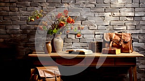 Many books on the table against the background of an old brick wall