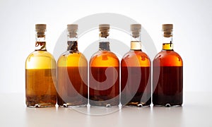 Many bottles with brown transparent alcoholic drink. Homemade tinctures based on natural herbs. Liquor and traditional