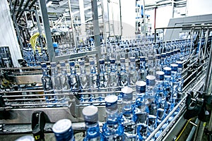 Many bottles on conveyor belt