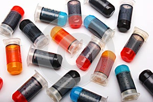 Many bottles with different color printer ink