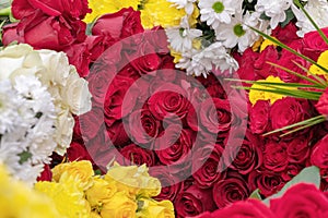 Many bouquets of flowers from roses and daisies create a floral background