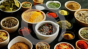 Many bowls with different spices