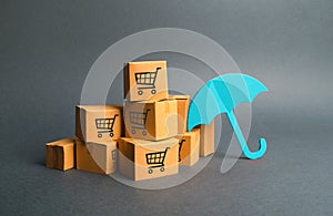 Many boxes with a pattern of shopping carts and umbrella. insurance purchases. Providing warranty on purchased products. Consumer
