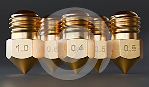 Many brass nozzles for 3D printer with different sizes. 3D rendered illustration