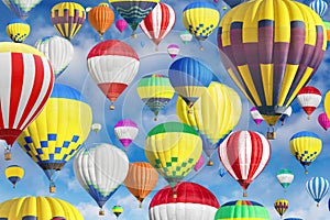 Many bright hot air balloons flying in sky