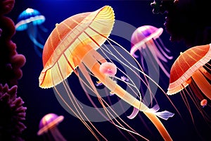 many bright poisonous jellyfish swim in blue water, underwater world, background, closeup, Generative AI