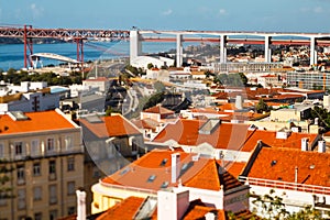 Many bright tiled roofs of Lisbon, 25 th April Bridge connecting to of Almada