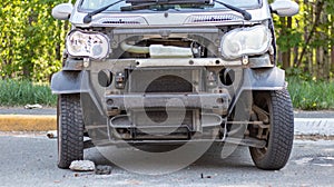 Many broken cars after a traffic accident in the parking lot of a restoration service station on the street. Car body damage