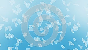 Many broken glass floating in air on blue background. Business damage concept. Sharp piece of splitted clear glass. Loop.