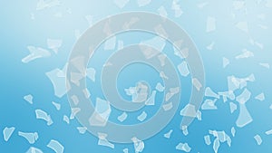 Many broken glass floating in air on blue background. Business damage concept. Sharp piece of splitted clear glass. Loop.