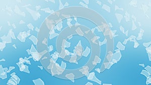 Many broken glass floating in air on blue background. Business damage concept. Sharp piece of splitted clear glass. Loop.