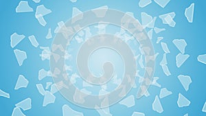 Many broken glass floating in air on blue background. Business damage concept. Sharp piece of splitted clear glass. Loop.