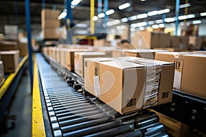 Many brown cardboard boxes sealed with tape on a conveyor belt in a packaging workshop