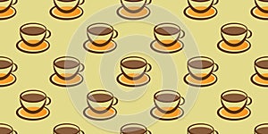 Many Brown and Orange Coffee Cup or Soup Bowl Symbols of Various Sizes - Seamless Pattern on Wide Scale Orange Background