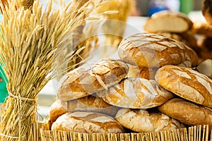 Many brown rustic fresh rye bread loaves