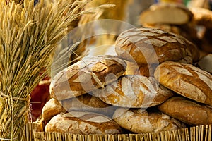 Many brown rustic fresh rye bread loaves