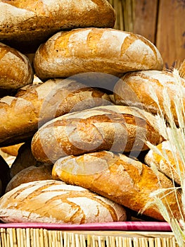 Many brown rustic fresh rye bread loaves