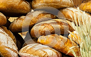 Many brown rustic fresh rye bread loaves