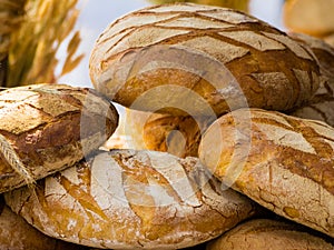 Many brown rustic fresh rye bread loaves