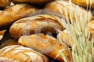 Many brown rustic fresh rye bread loaves