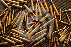 Many bullets calibre .338 and .223 on a table with a green net photo