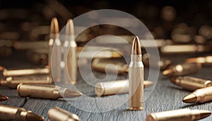 Many bullets on table. Millitary oncept. 3D rendered illustration.