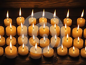 many burning candles in darkness, closeup