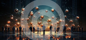 Many Business Men standing up back with dark color suits looking their network of golden spheres in front of a dark skyscrappers photo