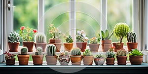 many cacti and succulents in clay pots on the windows