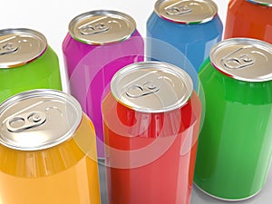 Many cans of colorful carbonated drinks.