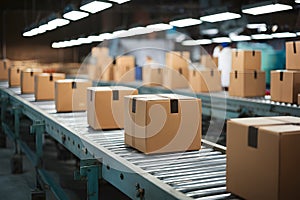 Many cardboard boxes on conveyor belt in packing shop setting