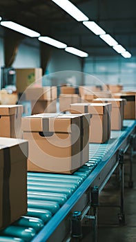 Many cardboard boxes on conveyor belt in packing shop setting